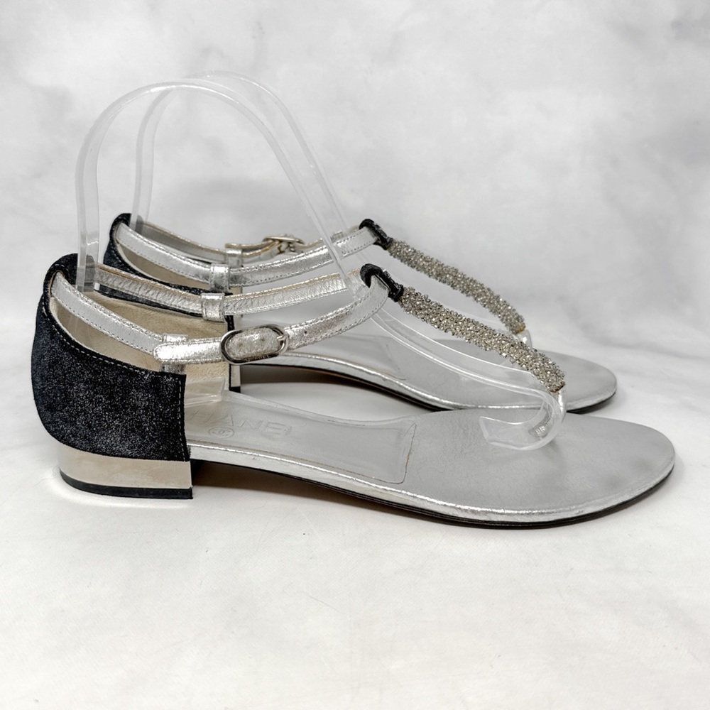 CHANEL Vintage Y2K CC Coco Mark Leather Flat Mirror Heel Sandal Shoes Metallic - Picture 2 of 14